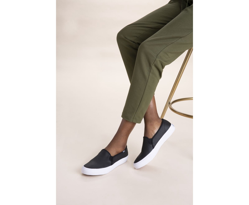 Slip Ons Keds Mujer Negras - Double Decker Cuero - 394-LTBEAR